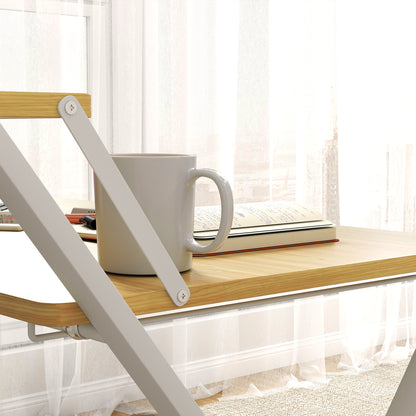 Folding Desk with Raised Shelf and X-Legs, in Wood and Steel, 86x66x82 cm, White and Wood Colour