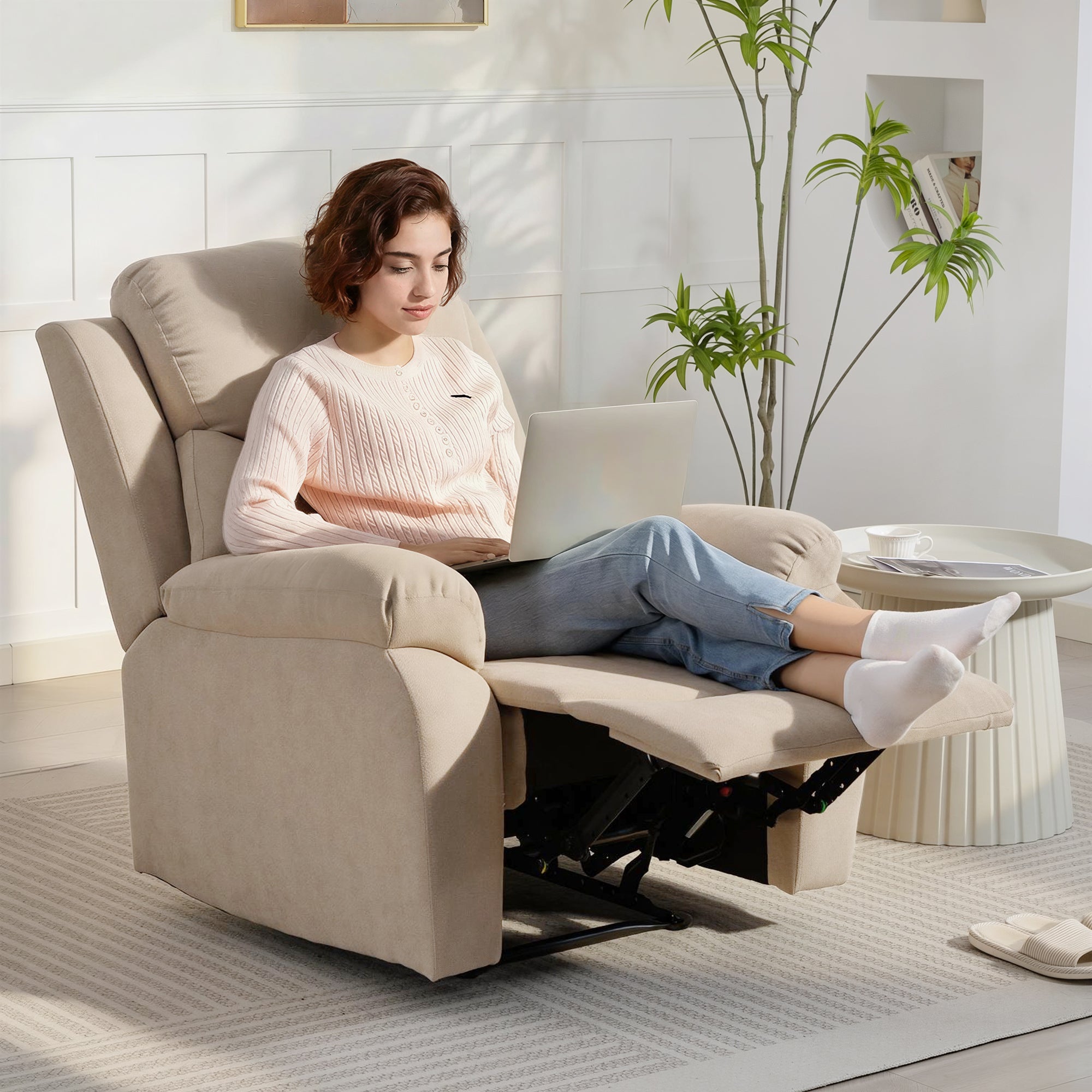Manual Fabric Recliner Chair with Thick Cushion, Padded Armrests and Footrest, Beige