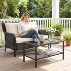 Outsunny 2-Tier Coffee Table with Tempered Glass Top and Shelf, Steel and Rattan, 92x50x45 cm, Black