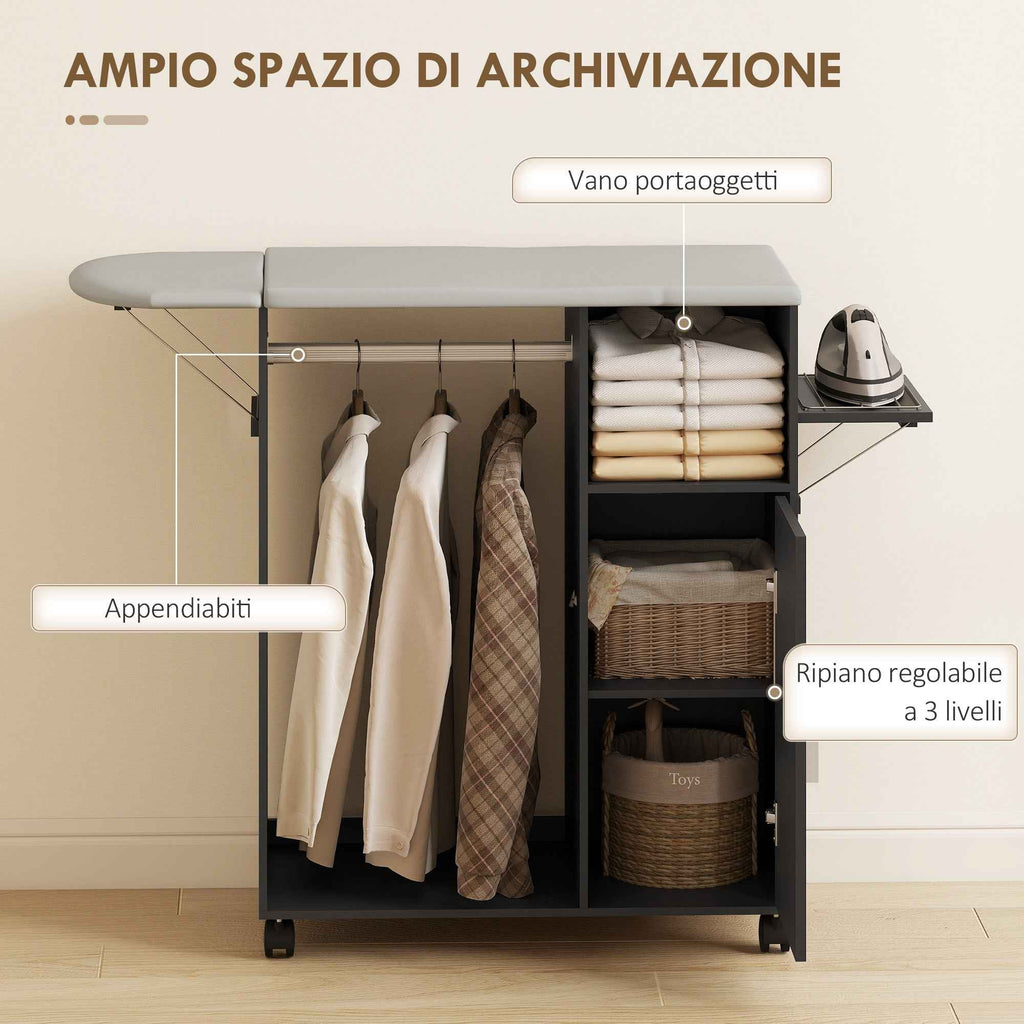 HOMCOM Ironing Board with Linen-Effect Top, 3 Cube Shelves and Rail, 127x42.5x99 cm, Black