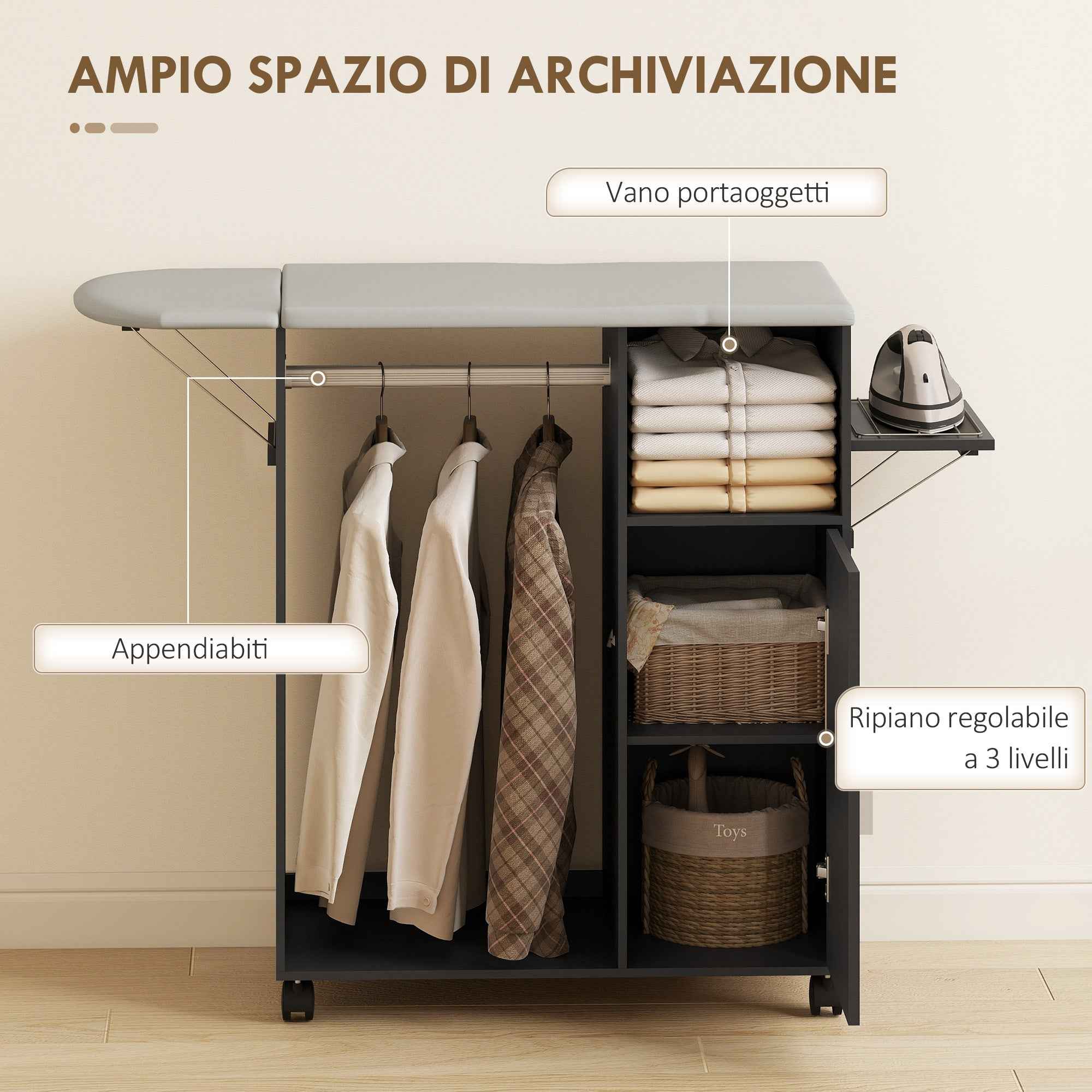 HOMCOM Ironing Board with Linen-Effect Top, 3 Cube Shelves and Rail, 127x42.5x99 cm, Black