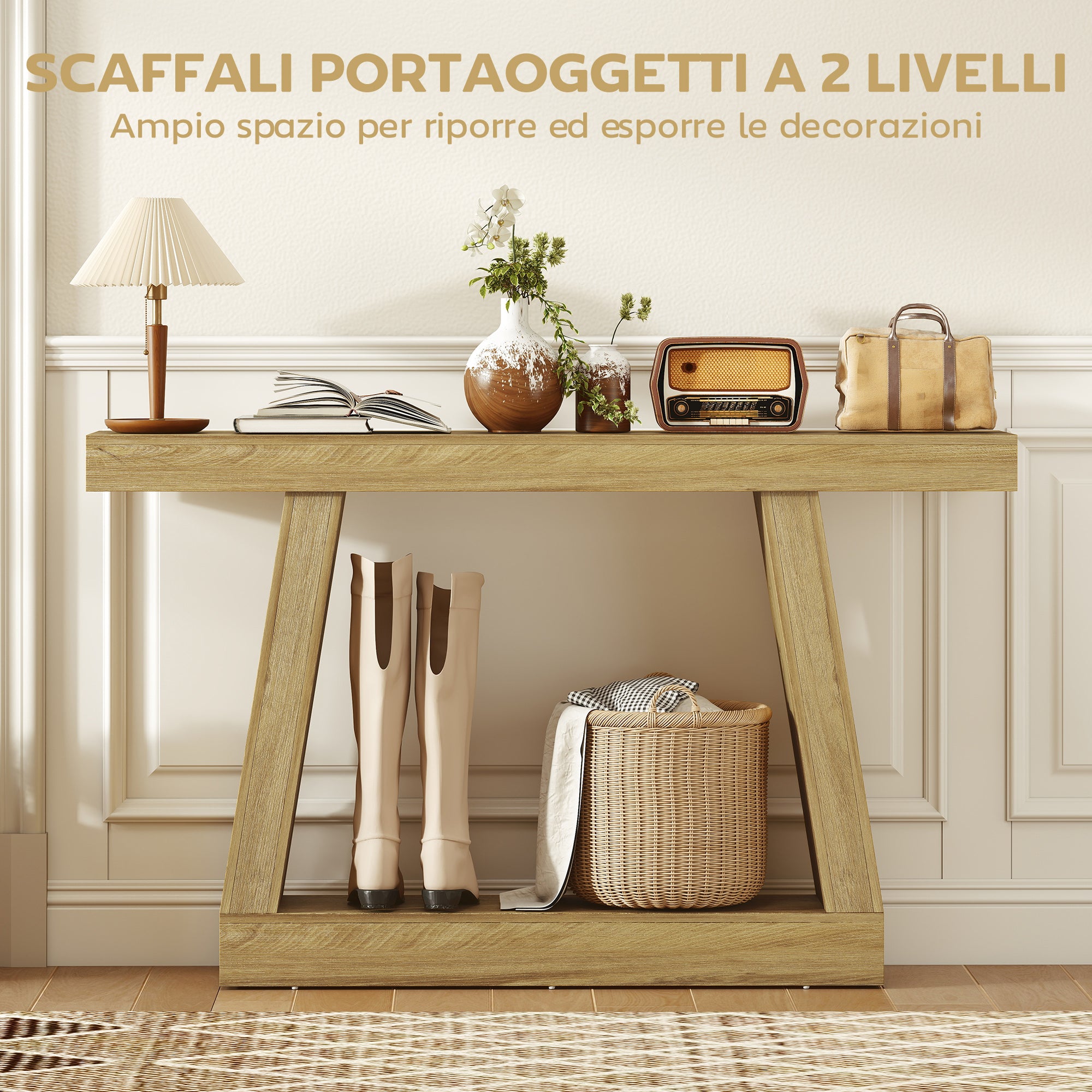 HOMCOM 140cm Console Table, Sofa Back with Storage, Oak.