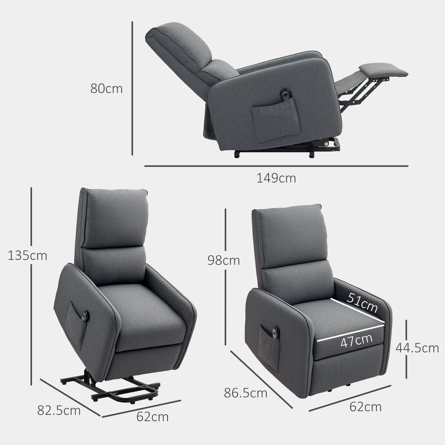 Electric Lift Recliner Chair with Remote Control and Fabric Pocket, Charcoal Grey