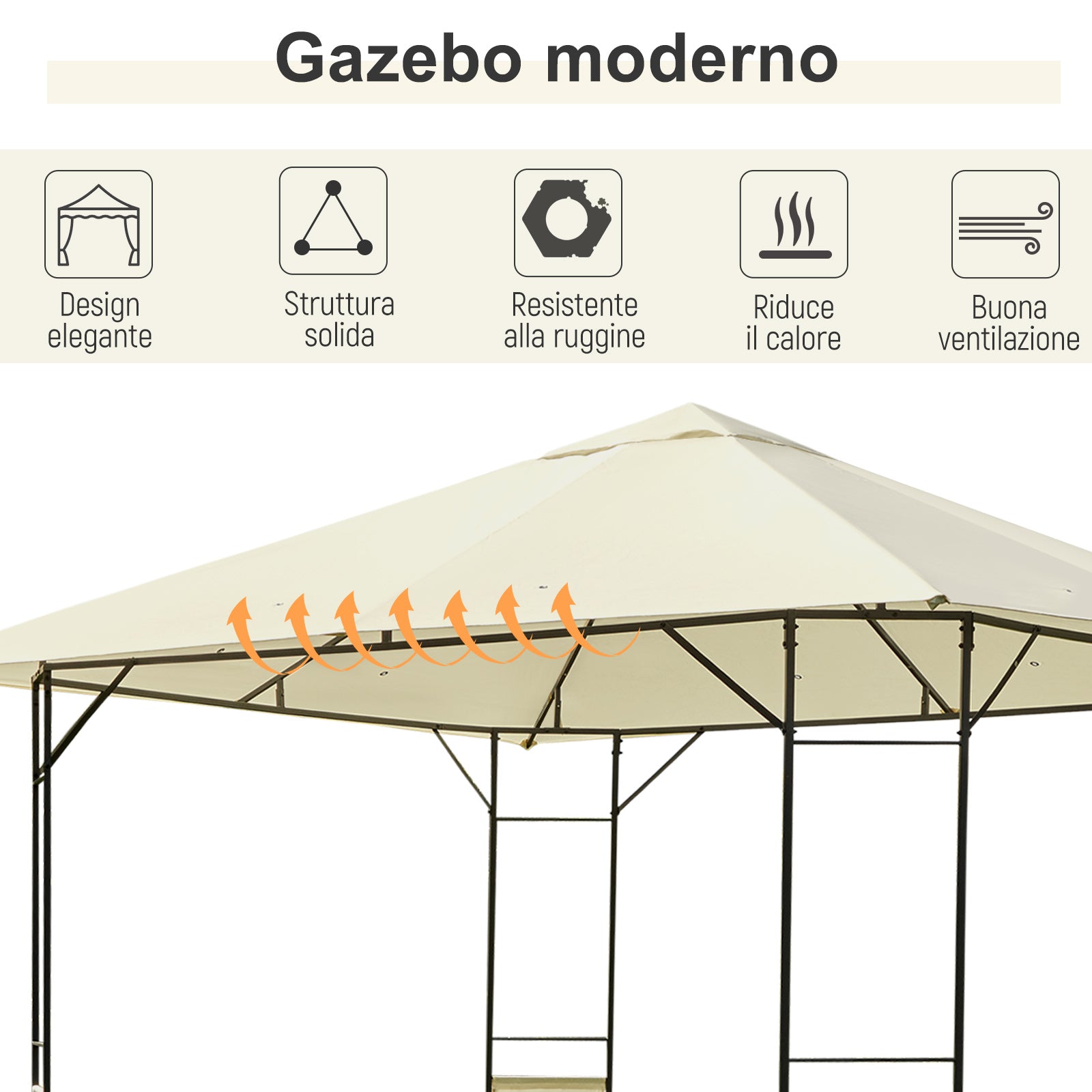 Gazebo 3x3 m with Reinforced Canopy and 4 Screws, Powder-Coated Steel, Black and Cream
