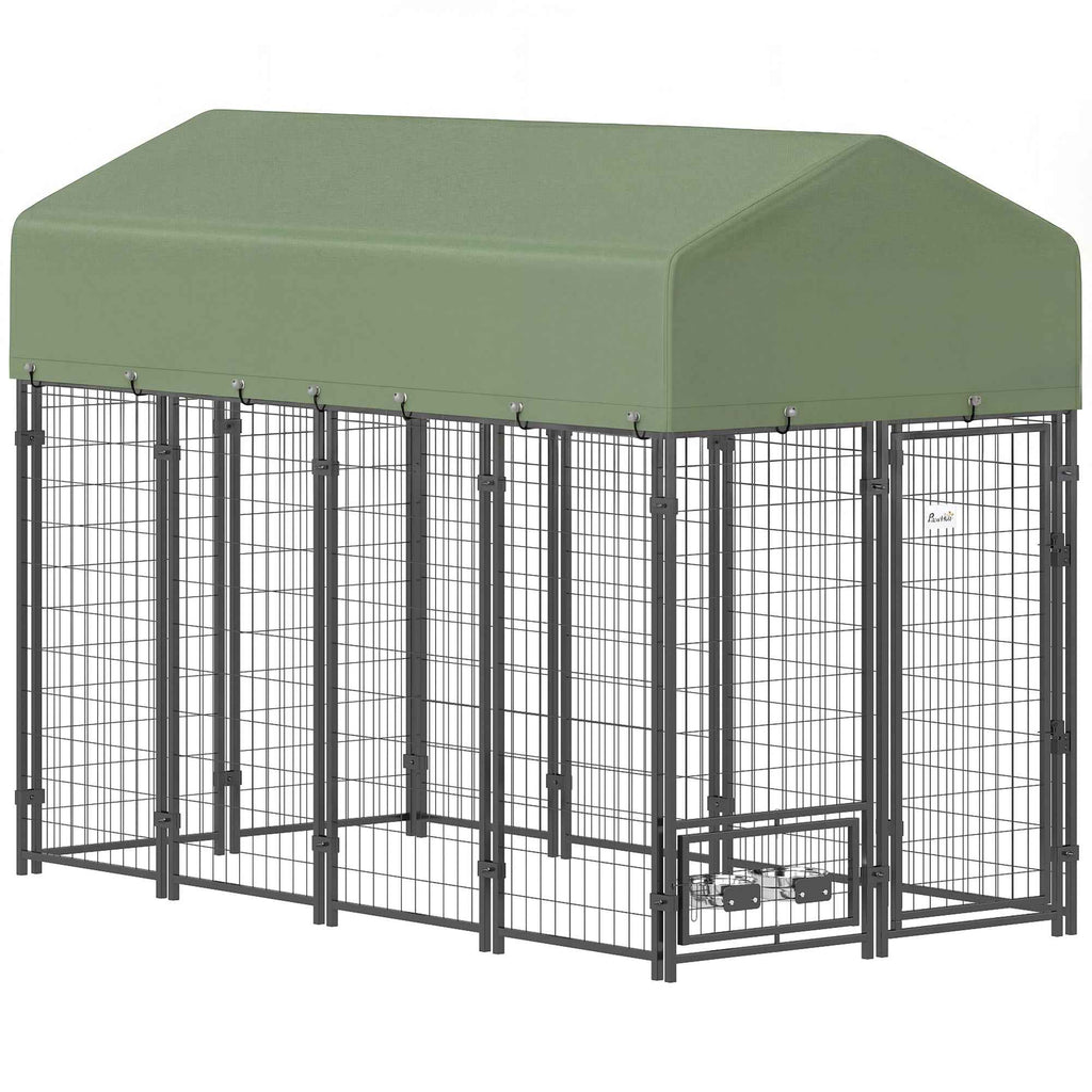 PawHut Outdoor Steel Dog Playpen with Oxford Fabric Roof, Anti-UV, Waterproof, 2 Bowls, Green