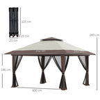 Outsunny 4x4m Adjustable Height Folding Gazebo with Mosquito Net and Bag, Metal and Oxford Fabric, Beige