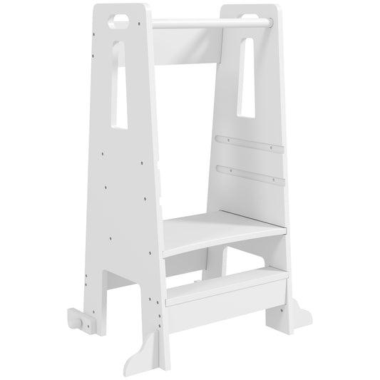 Montessori Ladder for Children Adjustable on 3 Levels with Safety Bar, Wooden, 45x47.5x91 cm, White