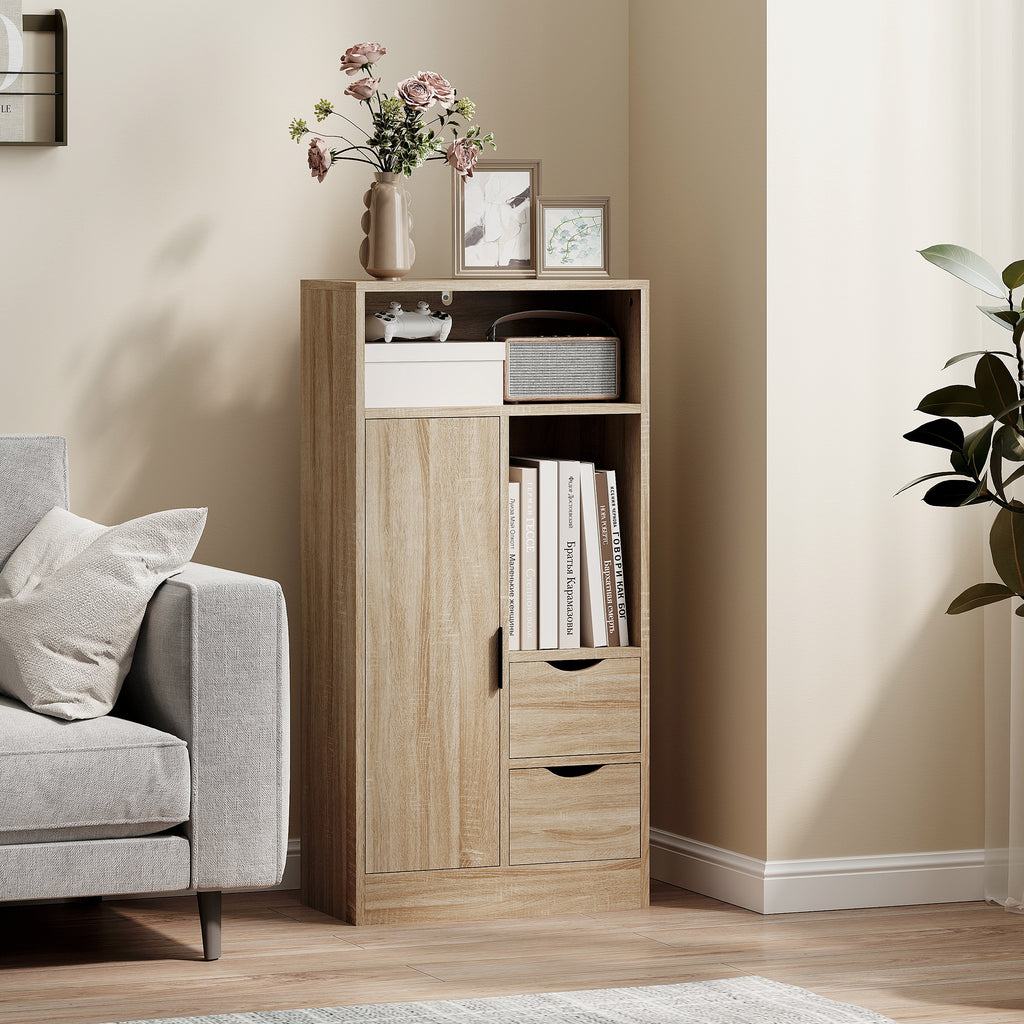 Space-Saving Slim Bathroom Cabinet with 2 Drawers, Shelves and Cabinet, 50x25x100 cm, Natural Wood