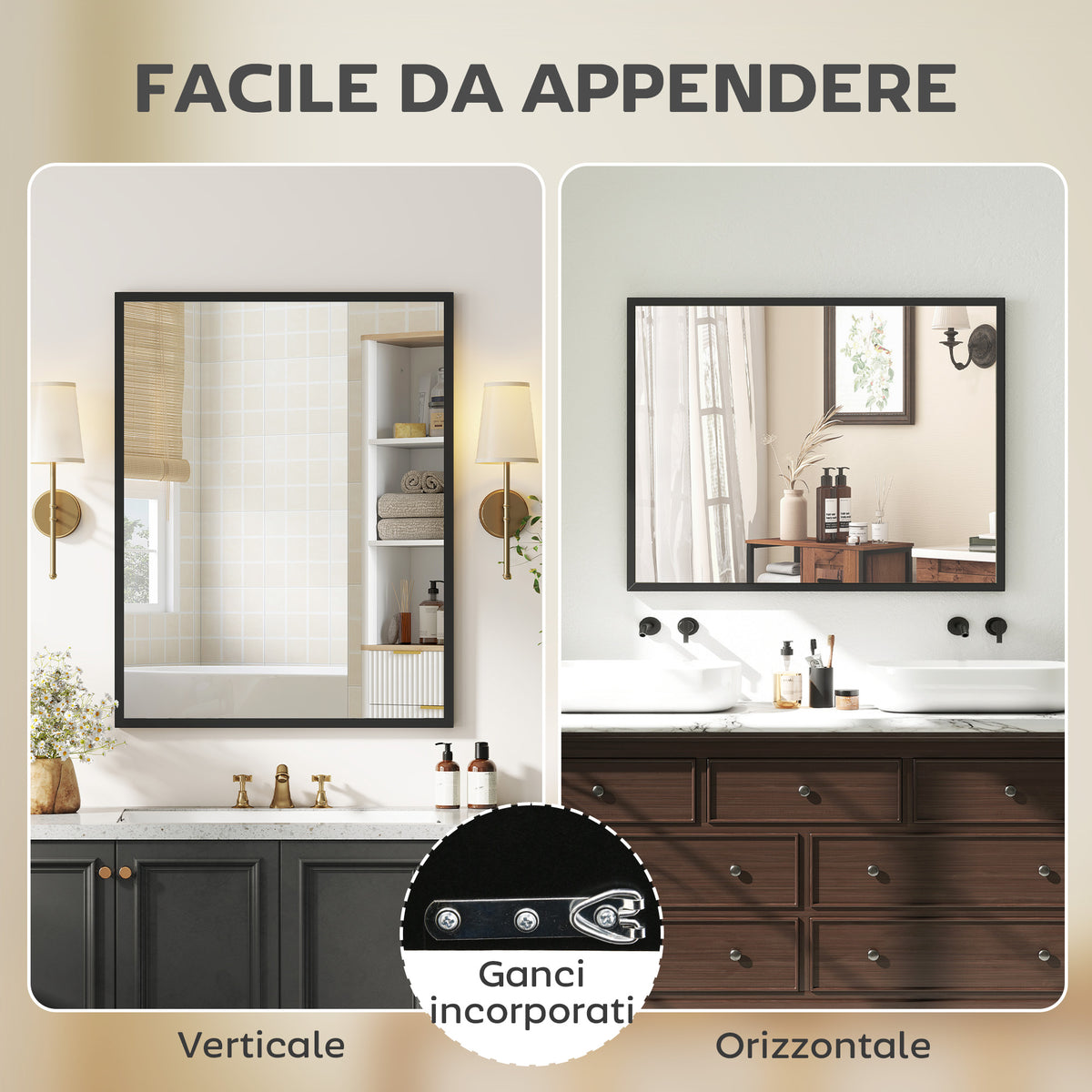 HOMCOM Rectangular Wall-Mounted Bathroom Mirror with Hooks, Glass and MDF Bedroom Mirror, 70x90 cm, Black