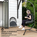 Indoor Outdoor Folding Swing Hanging Chair with Cushion and Headrest, Dark Grey