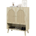 Boho Style Multipurpose Cabinet with Rattan Doors and Open Shelf, 80x38x100cm, Oak