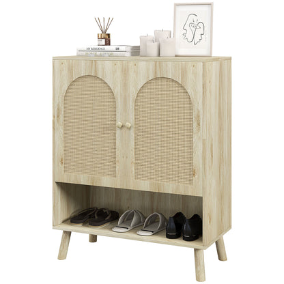 HOMCOM Multipurpose Cabinet in Boho Style with Rattan Doors and Open Shelf, 80x38x100cm, Oak