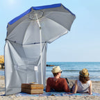 Tilting Beach Umbrella with Side Curtains, in Polyester and Steel, Ø191x211 cm, Blue and White