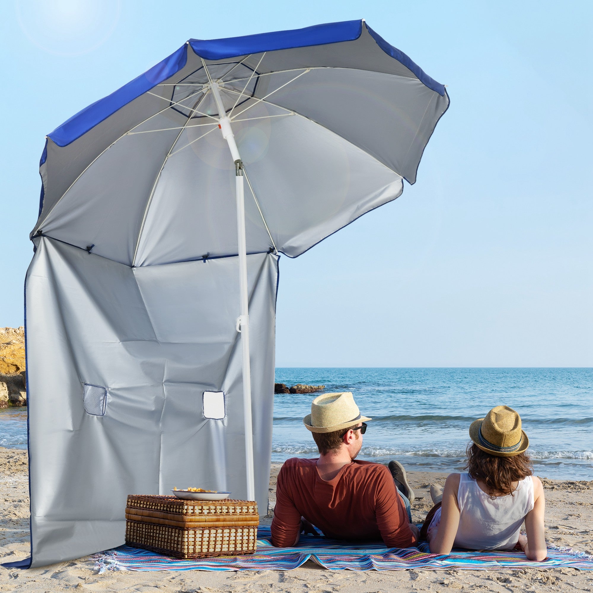Tilting Beach Umbrella with Side Curtains, in Polyester and Steel, Ø191x211 cm, Blue and White