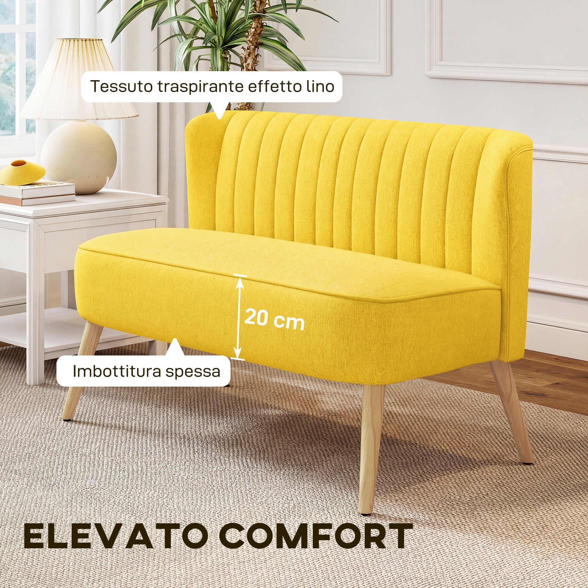 2-Seater Sofa in Linen-Effect Fabric without Armrests with Wooden Legs, 117x56.5x77 cm, Yellow