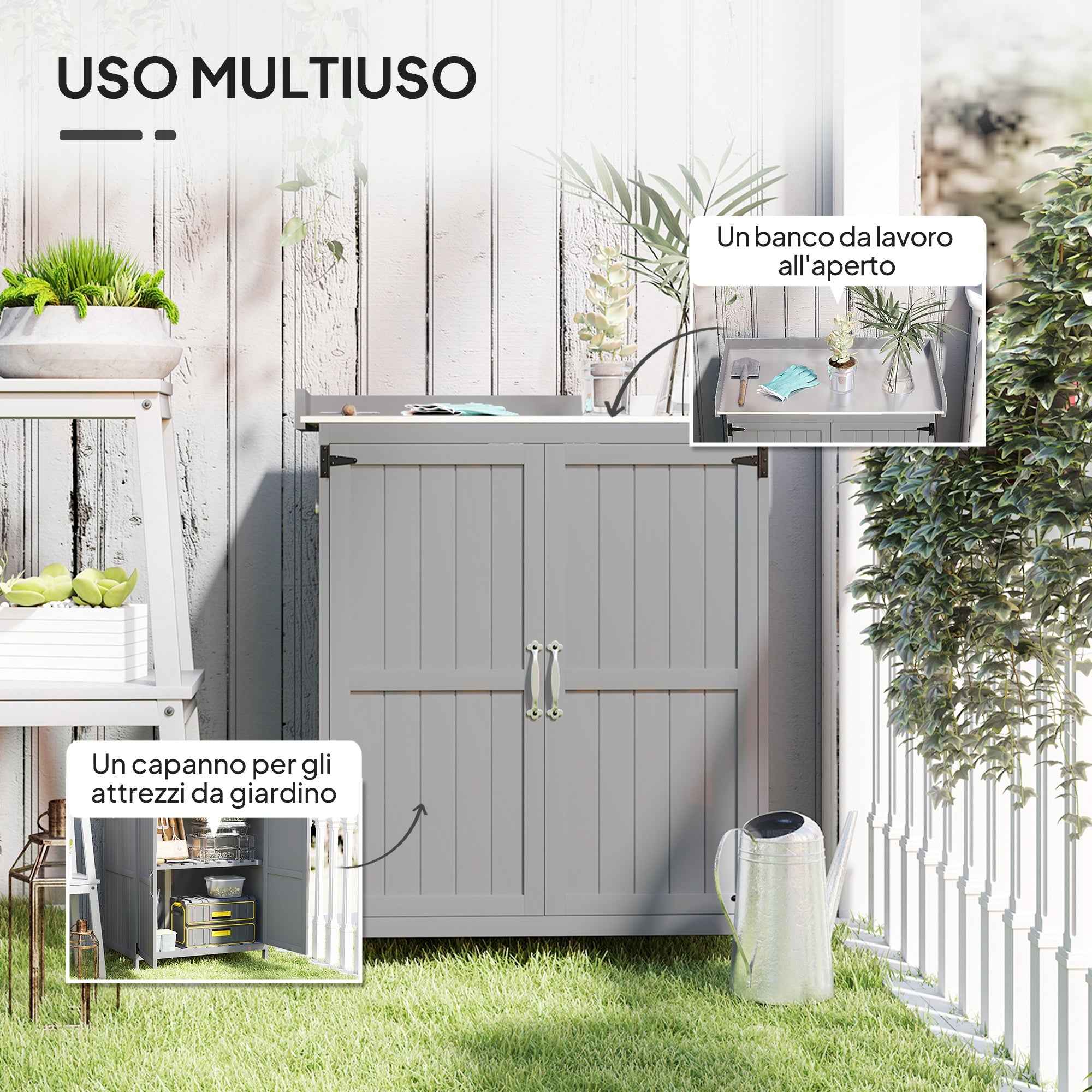 Outsunny Outdoor Storage Cabinet, Wooden Tool Shed with Shelf, with 2 Doors for Garden, Patio, Grey