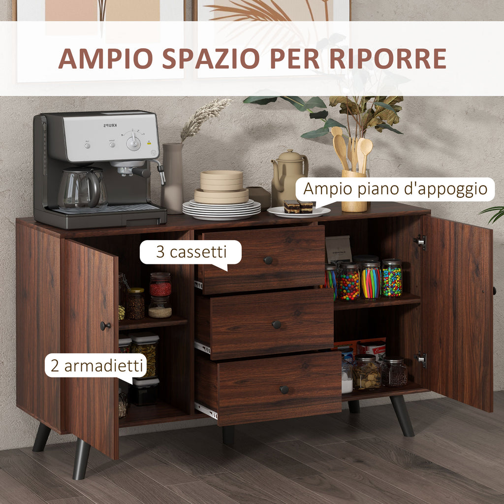 Modern Sideboard in Wood and Chipboard with 2 Cabinets and 3 Drawers, 127x40x76 cm, Brown and Black