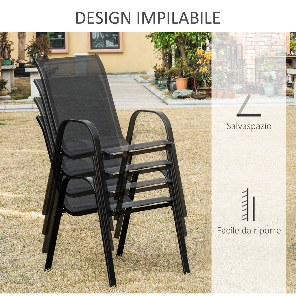 Garden Chairs Set of 4 Pieces with Armrests, in Metal and Breathable Fabric, 70x54x90cm, Black