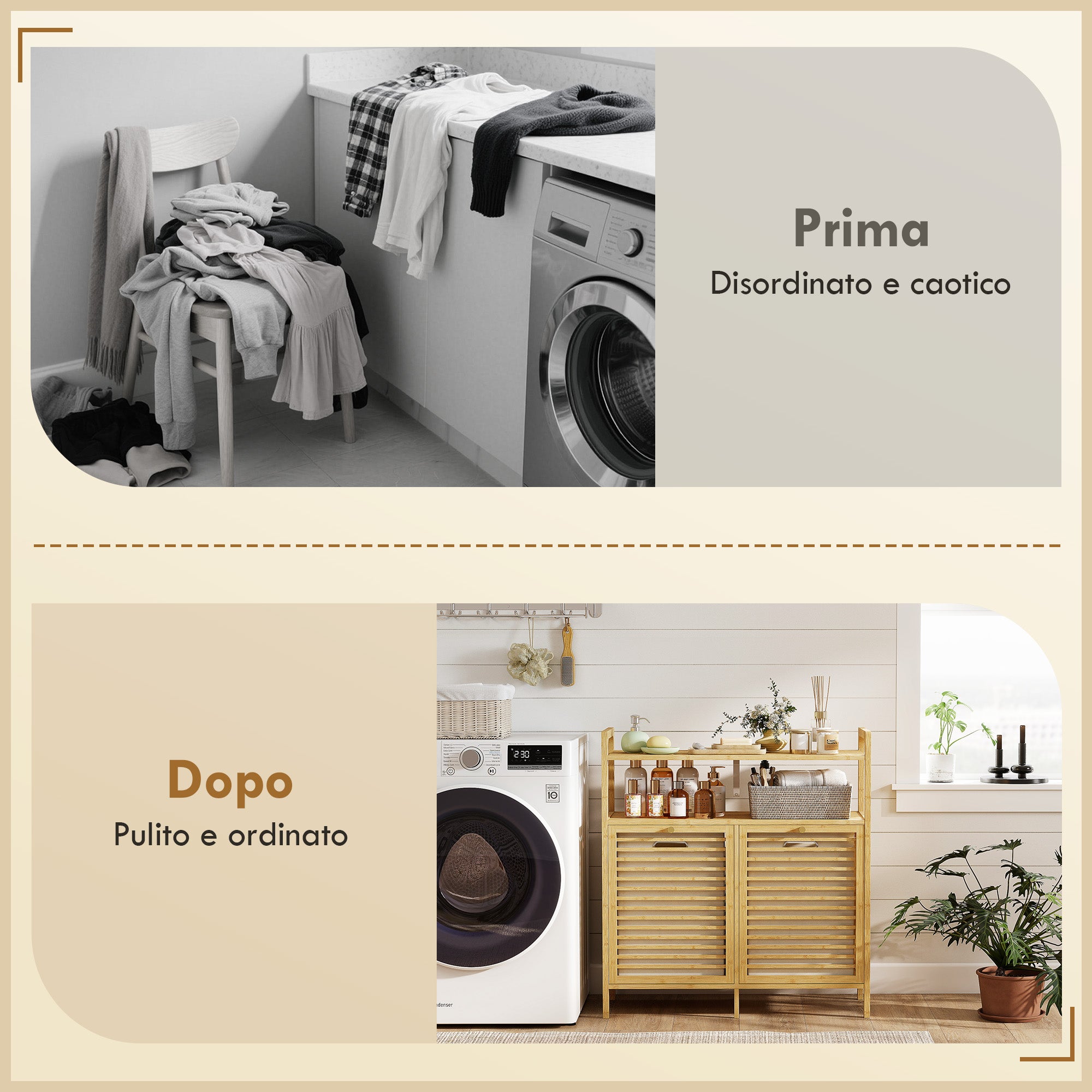 Bamboo and Polyester Laundry Hamper with 2 x 41L Baskets and 2 Shelves, 82 x 33 x 88 cm, Wood and Cream Color