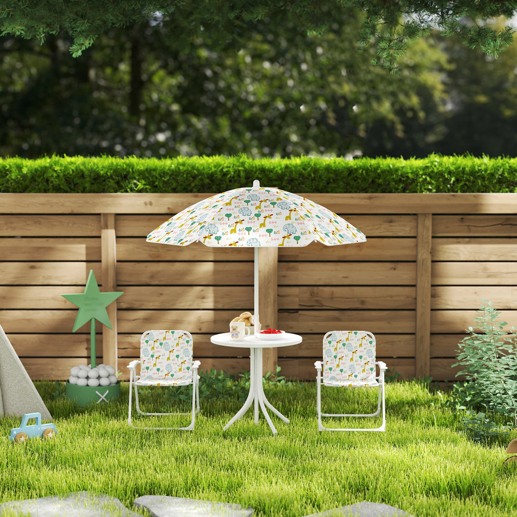 Garden Set for Children 2-5 Years with Round Table, 2 Folding Chairs and a Parasol, White