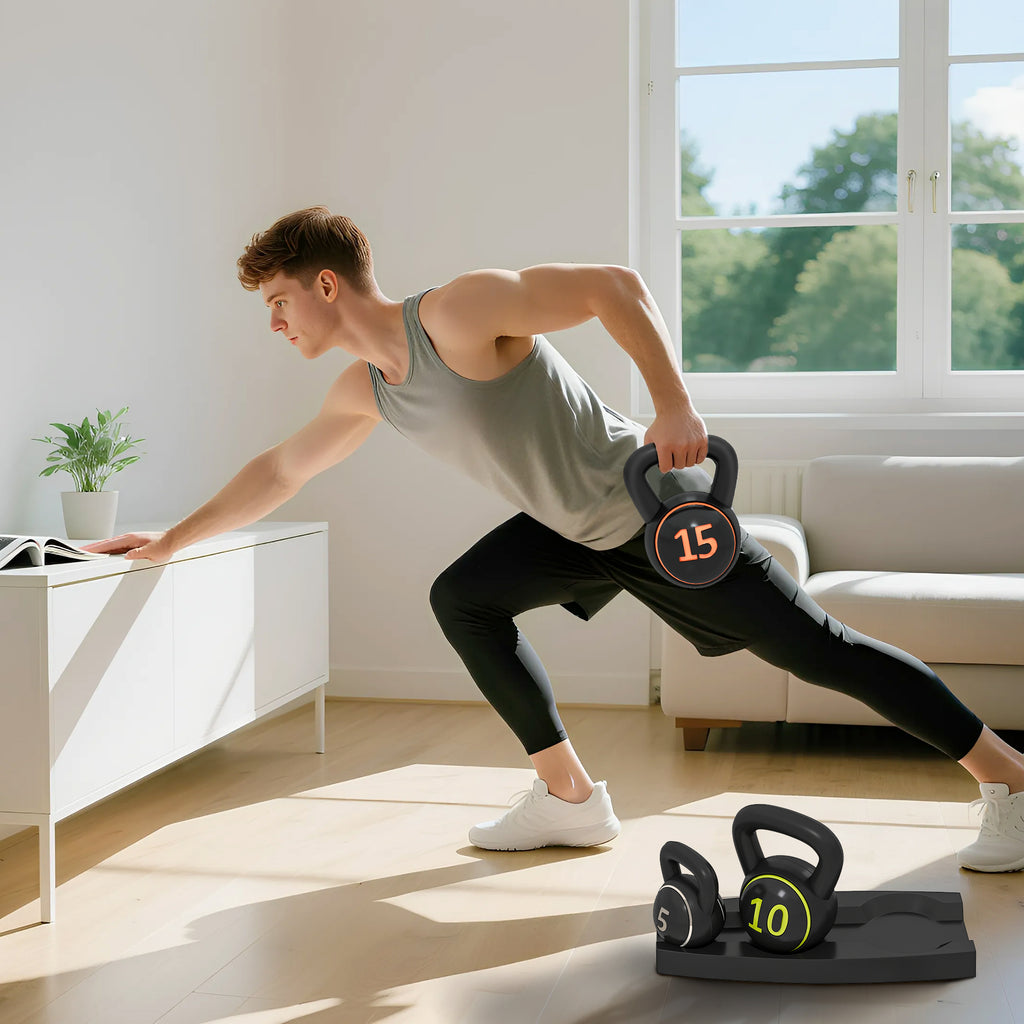 SPORTNOW Set of 3 Kettlebells of 2.2 kg, 4.5 kg and 6.8 kg with Flat Base and Weight Holder, in Plastic and Sand, Black