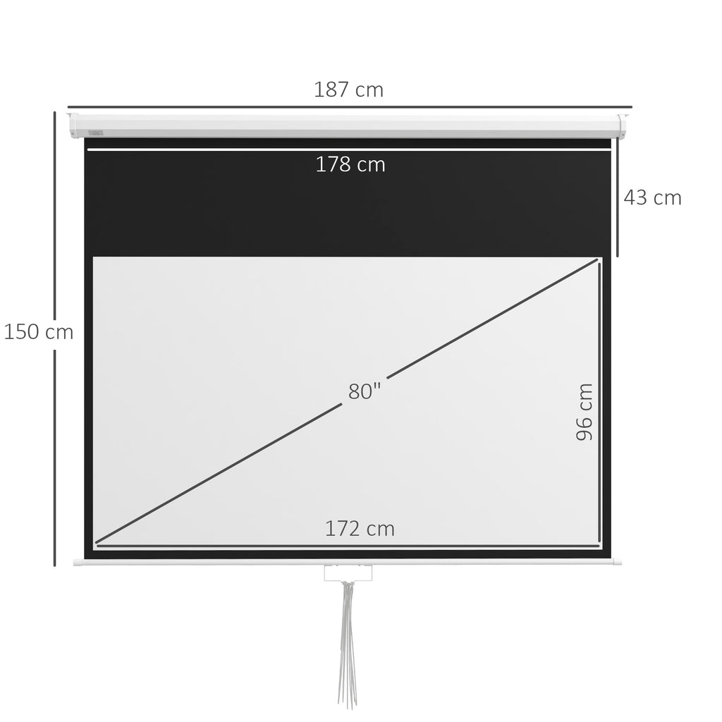 80" 16:9 Projector Screen with Adjustment Cord, Plastic and Metal, 187x8x150 cm, White