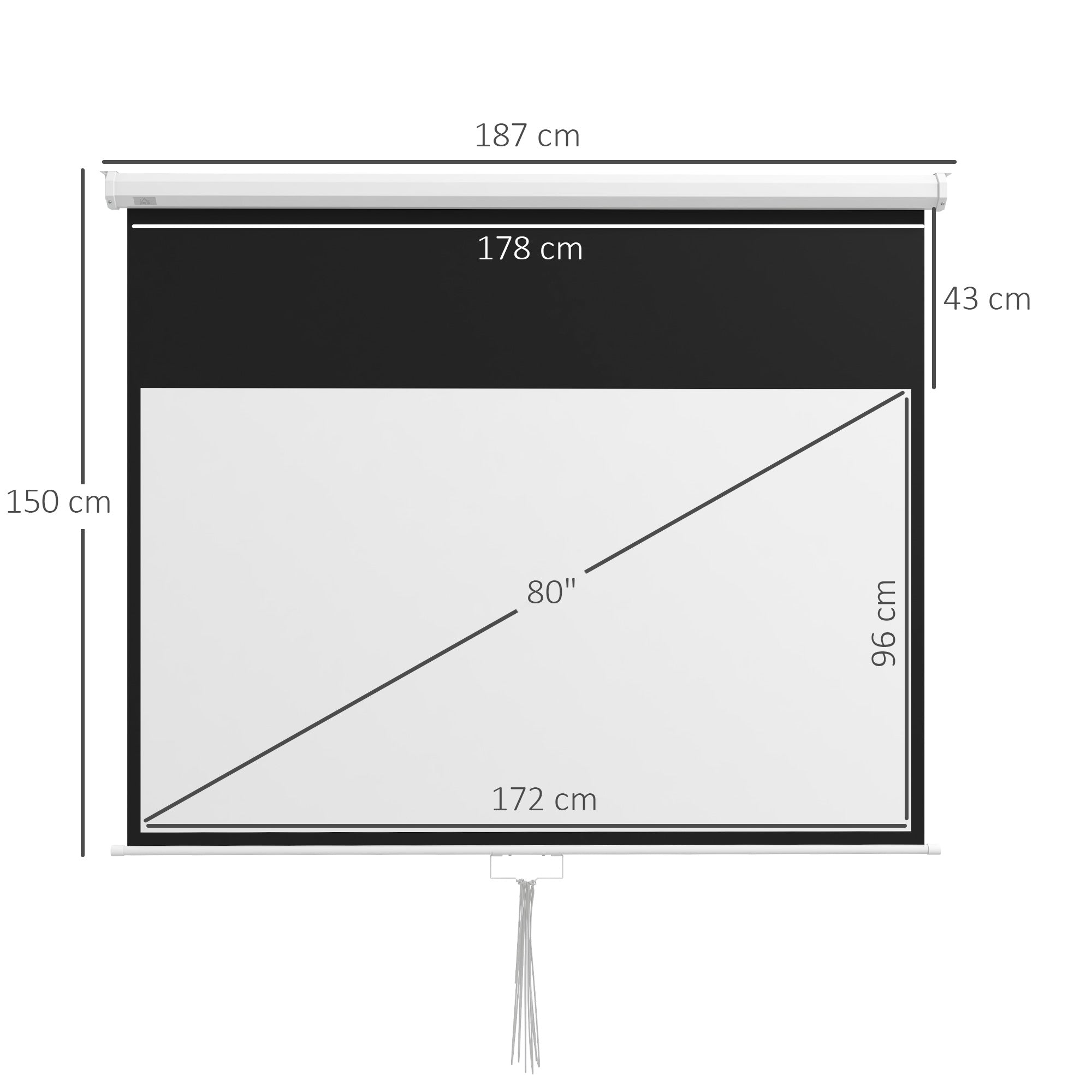 80" 16:9 Projector Screen with Adjustment Cord, Plastic and Metal, 187x8x150 cm, White