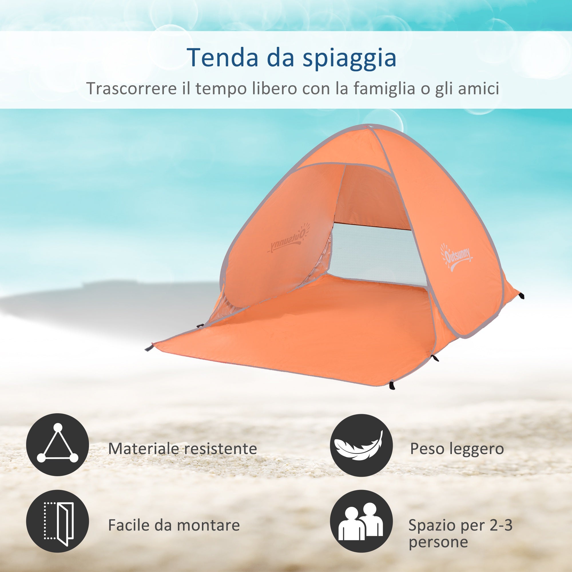 Pop Up Beach Tent with UV 30+ Protection and Transport Bag, 200x150x119 cm, Orange