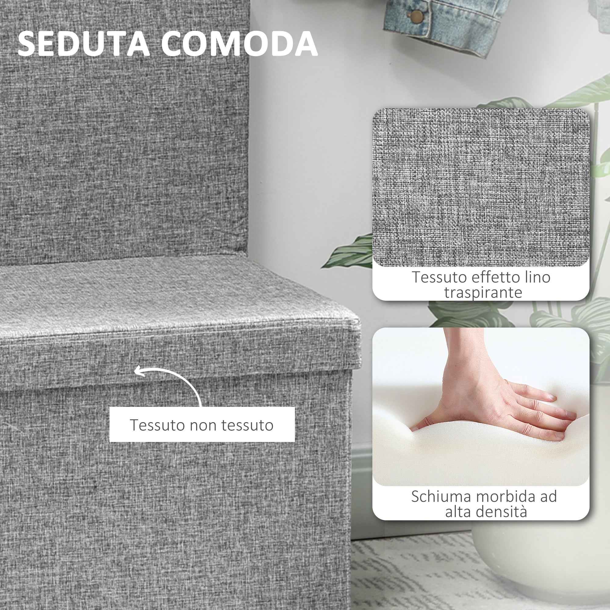 HOMCOM Folding Storage Bench with Backrest and 77L Storage Compartment, Fabric Upholstery, 76x50x73 cm, Grey