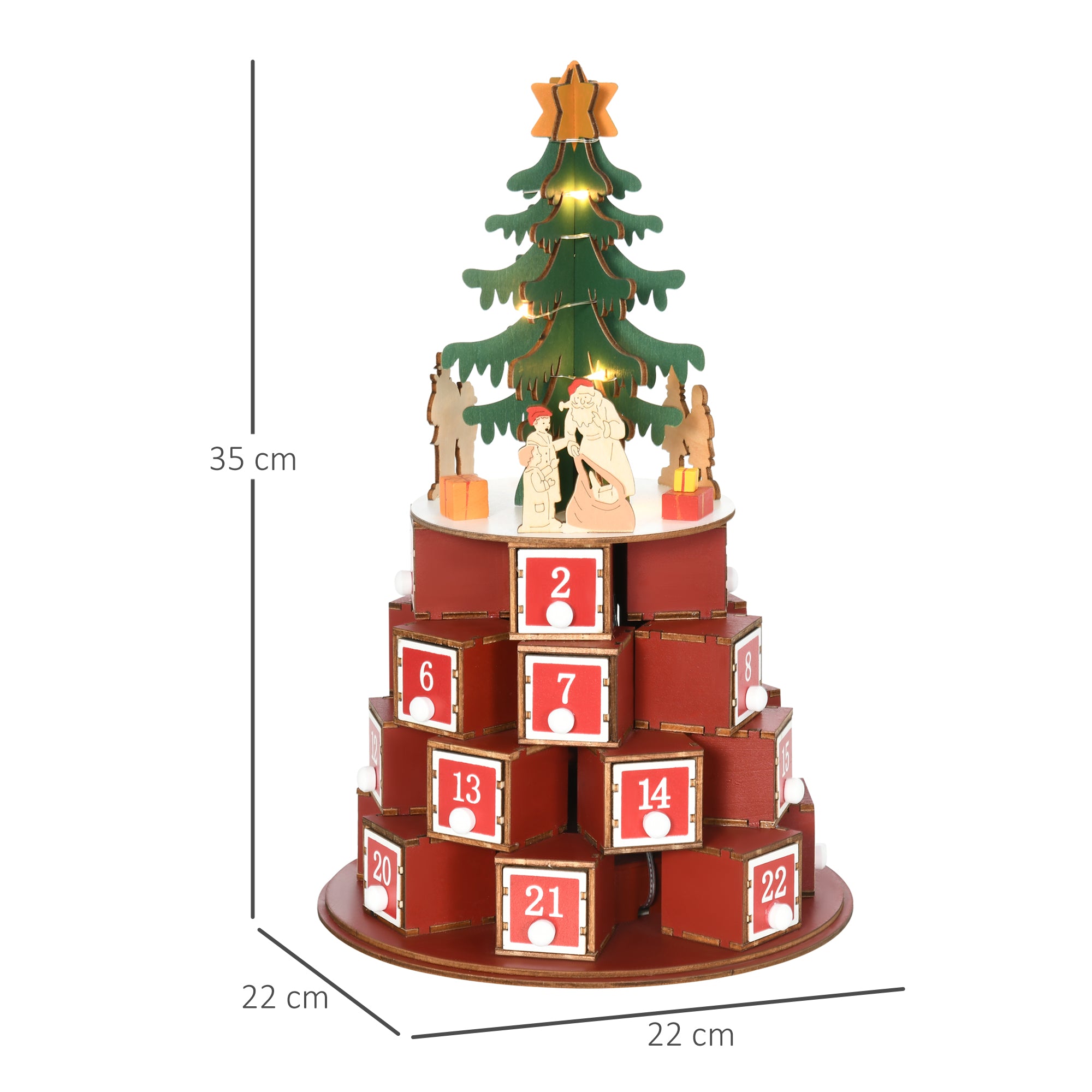 Christmas Cone Advent Calendar with Themed Patterns and 10 LED Lights, 22x22x35 cm, Plywood, Red, Green and Yellow