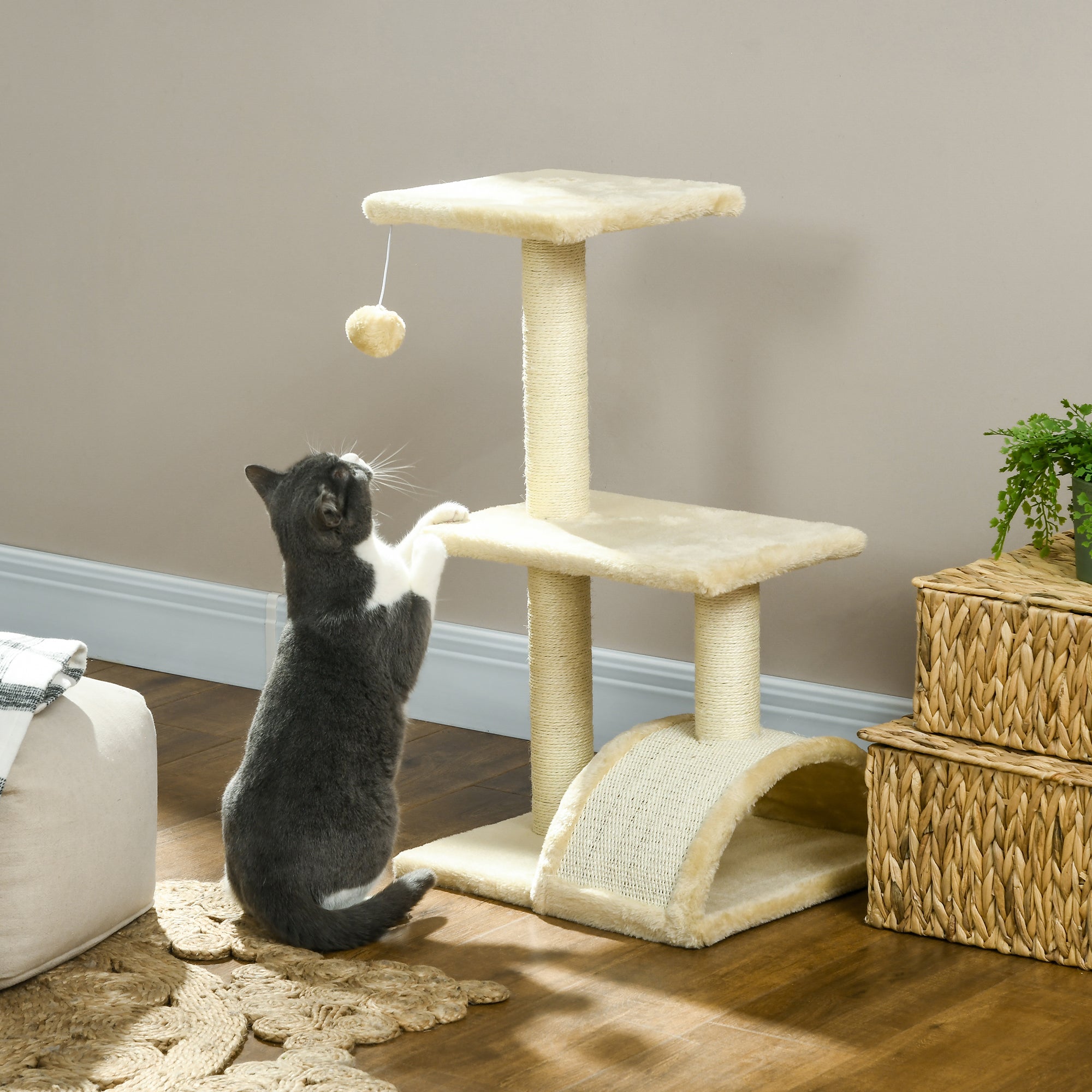 3-Tier Cat Tree with Scratching Post, Plush and Sisal, 40x35x72 cm, Cream
