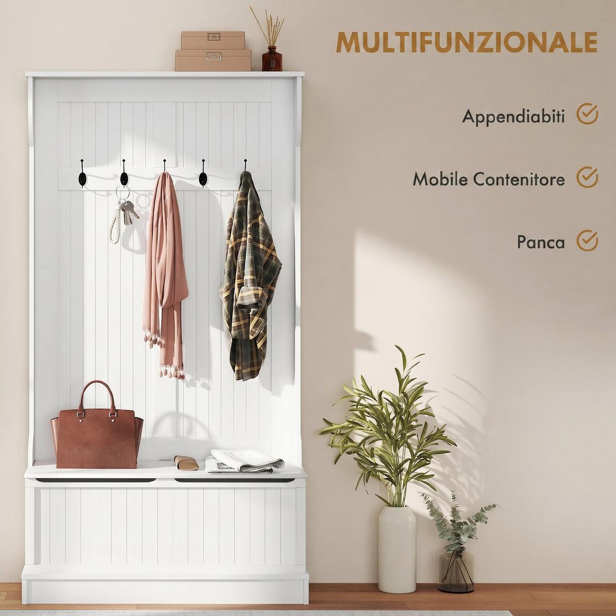 HOMCOM 179.7cm Freestanding Coat Rack with Shoe Bench, 5 Hooks, Anti-Tip Device, for Entryway, Cream