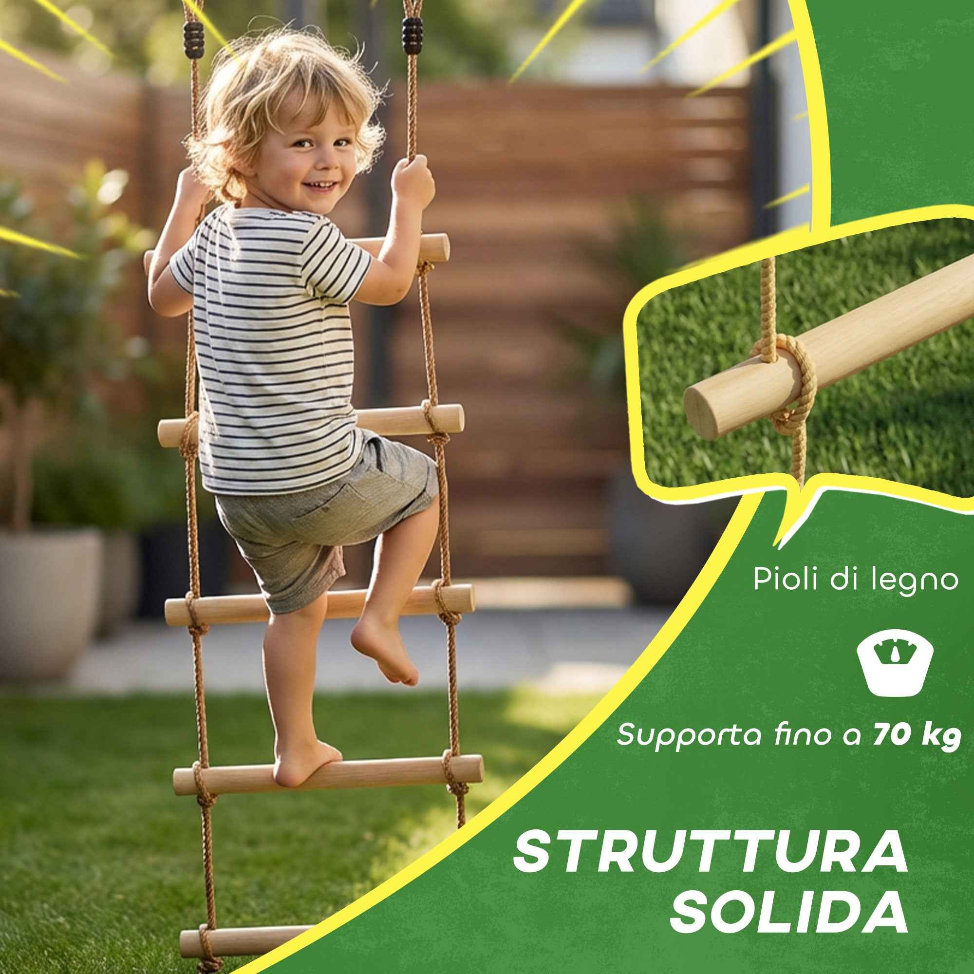 5-Rung Ladder for Children Ages 3-8 Years, with Buckles and Straps, Made of Wood and PE, Wood Color