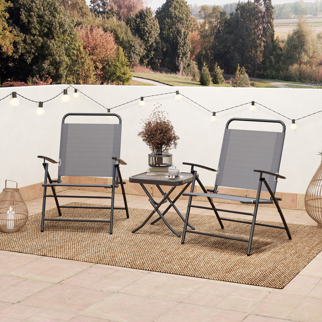 Garden Set with Glass Top Table and 2 Folding Chairs with Adjustable Backrest, Grey