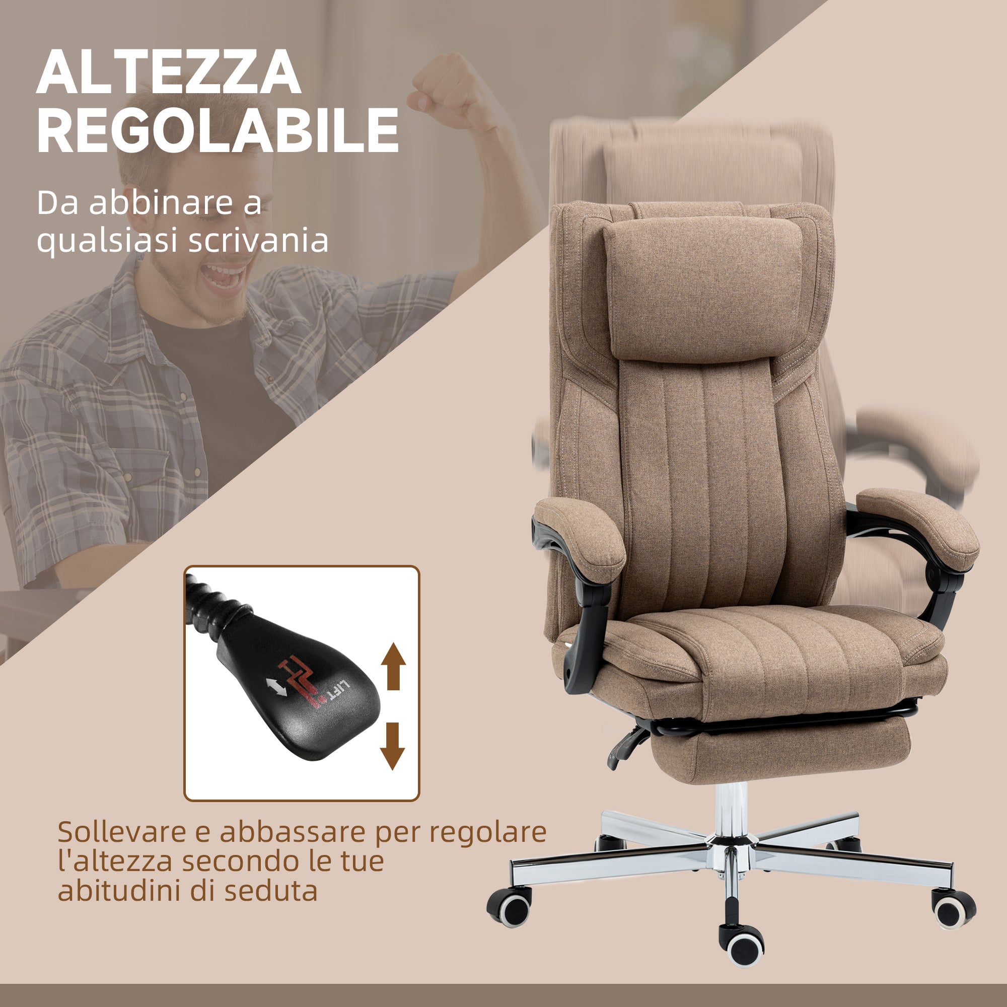 Massage Office Chair with Footrest and Remote Control, in Linen Effect Fabric, 65x61x105-113 cm, Brown