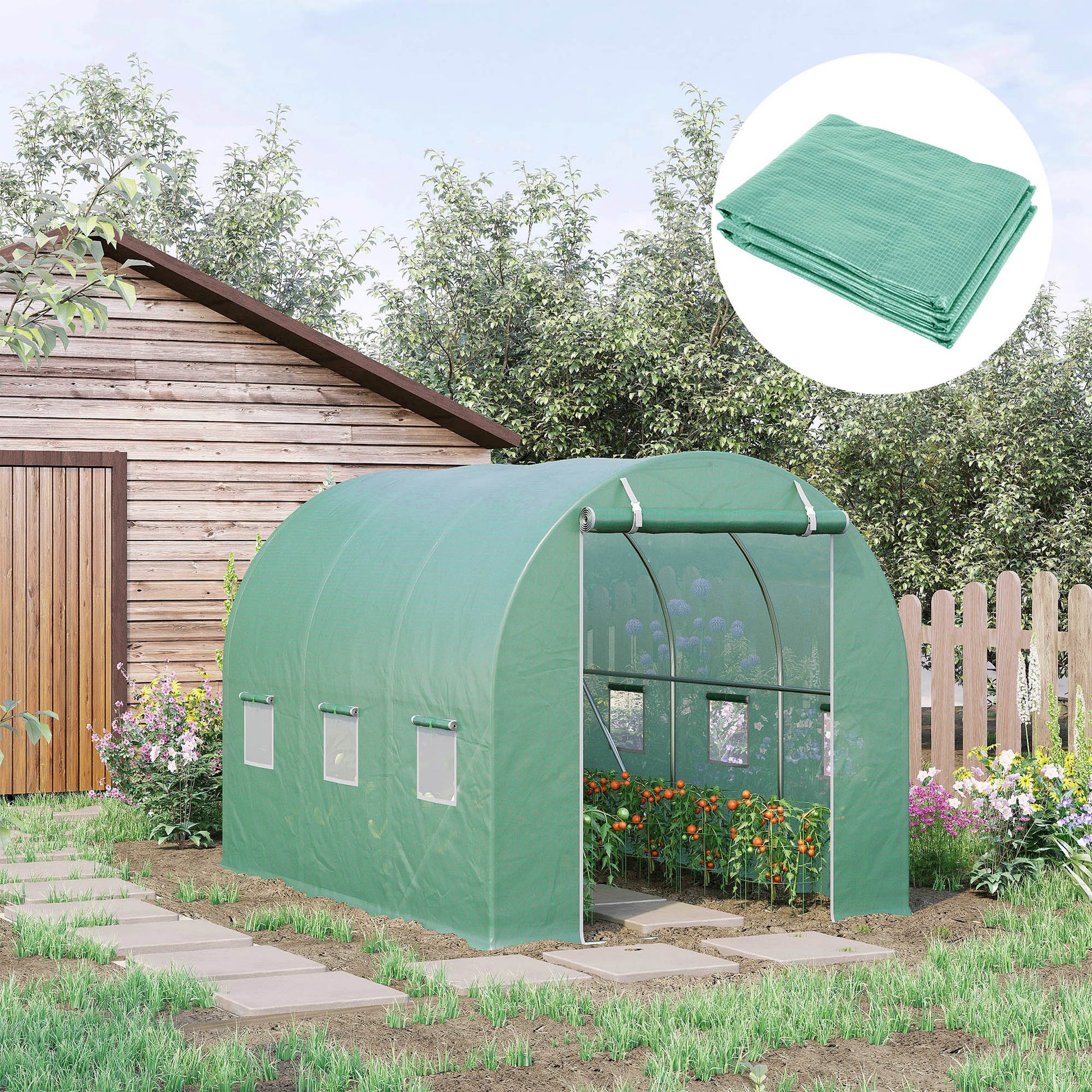 Outsunny PE Greenhouse Cover with 6 Windows, Roll-Up Door and Buried Edges, 3x2x2 m, Green - Borgè