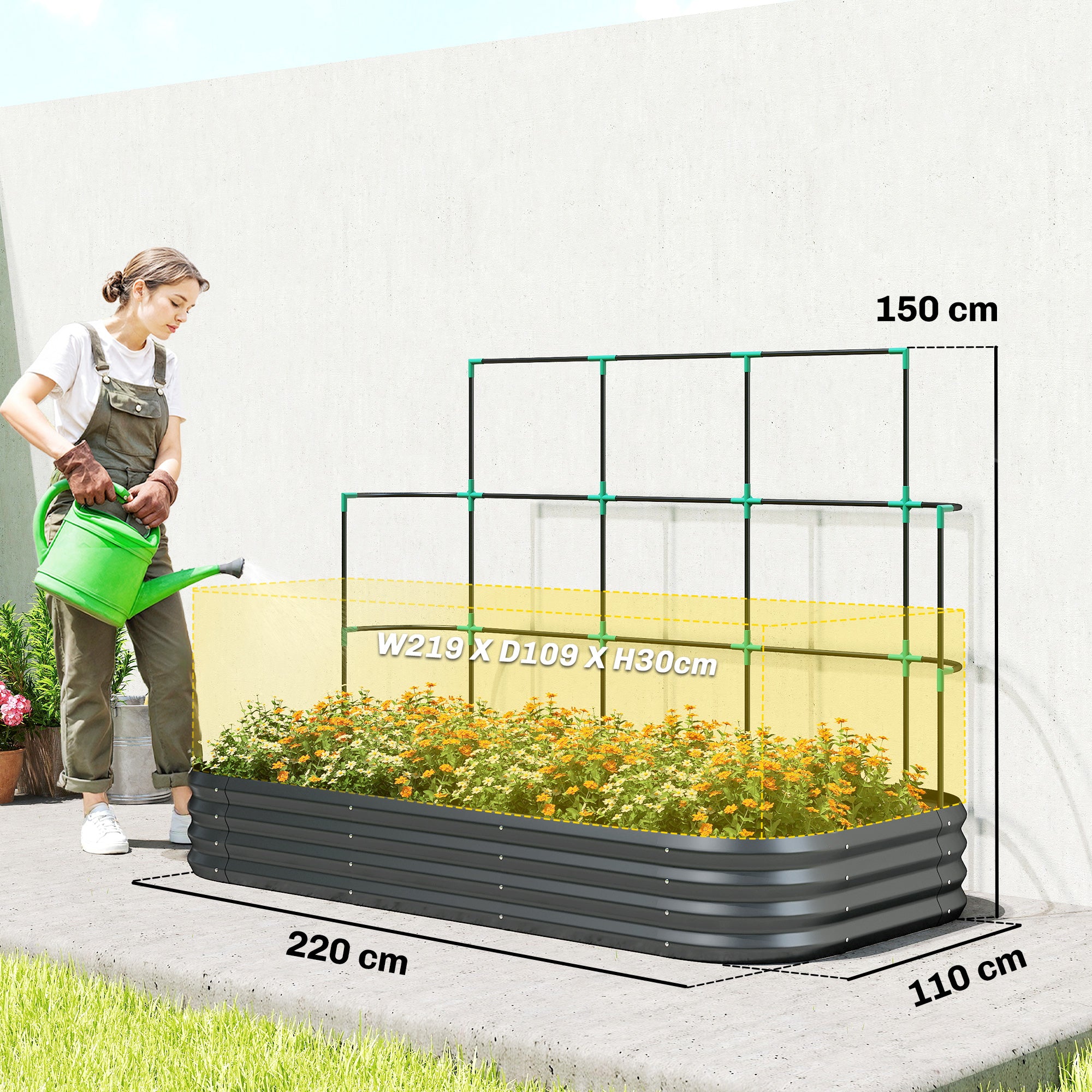 Outsunny Raised Vegetable Garden with Trellis for Climbing Plants and Open Metal Bottom, 220x110x150 cm, Dark Grey