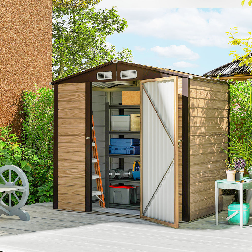 Steel Garden Shed with Vents and Latch, 1.9x1.3m, Oak Color