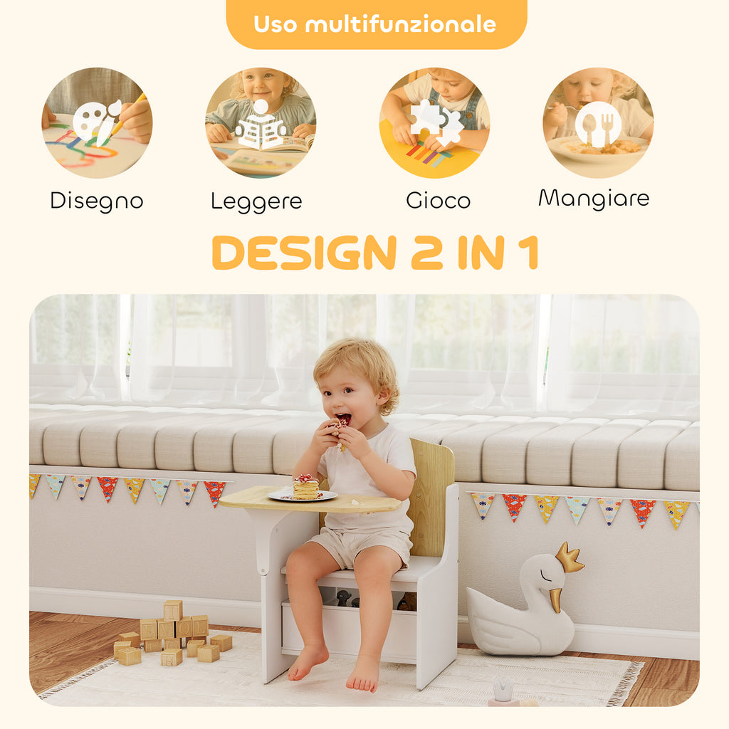 AIYAPLAY Children's Table and Chair Set for 3-5 Years Old in MDF Wood with Heart Patterns, Integrated Storage, White