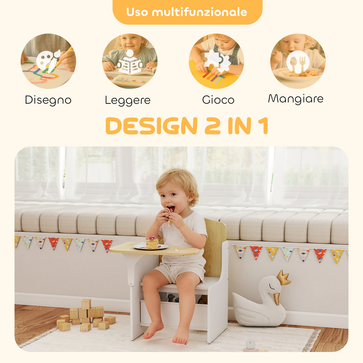 AIYAPLAY Children's Table and Chair Set for 3-5 Years Old in MDF Wood with Heart Patterns, Integrated Storage, White