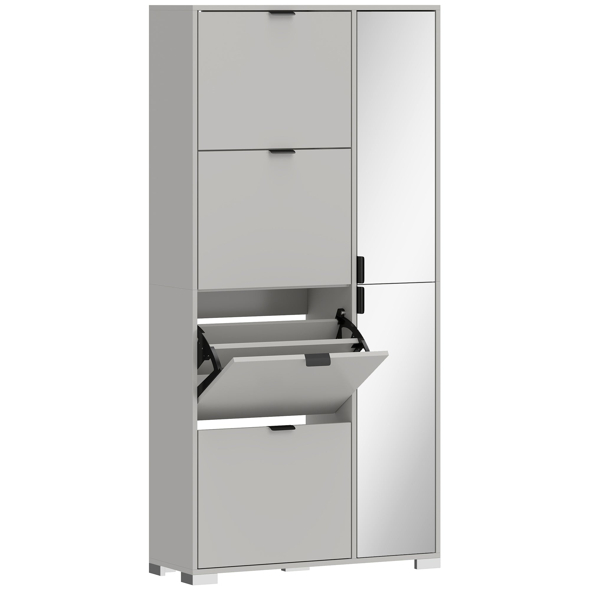HOMCOM Shoe Rack with Mirror, 4 Drawers with Flap, Entrance Shoe Rack, Grey