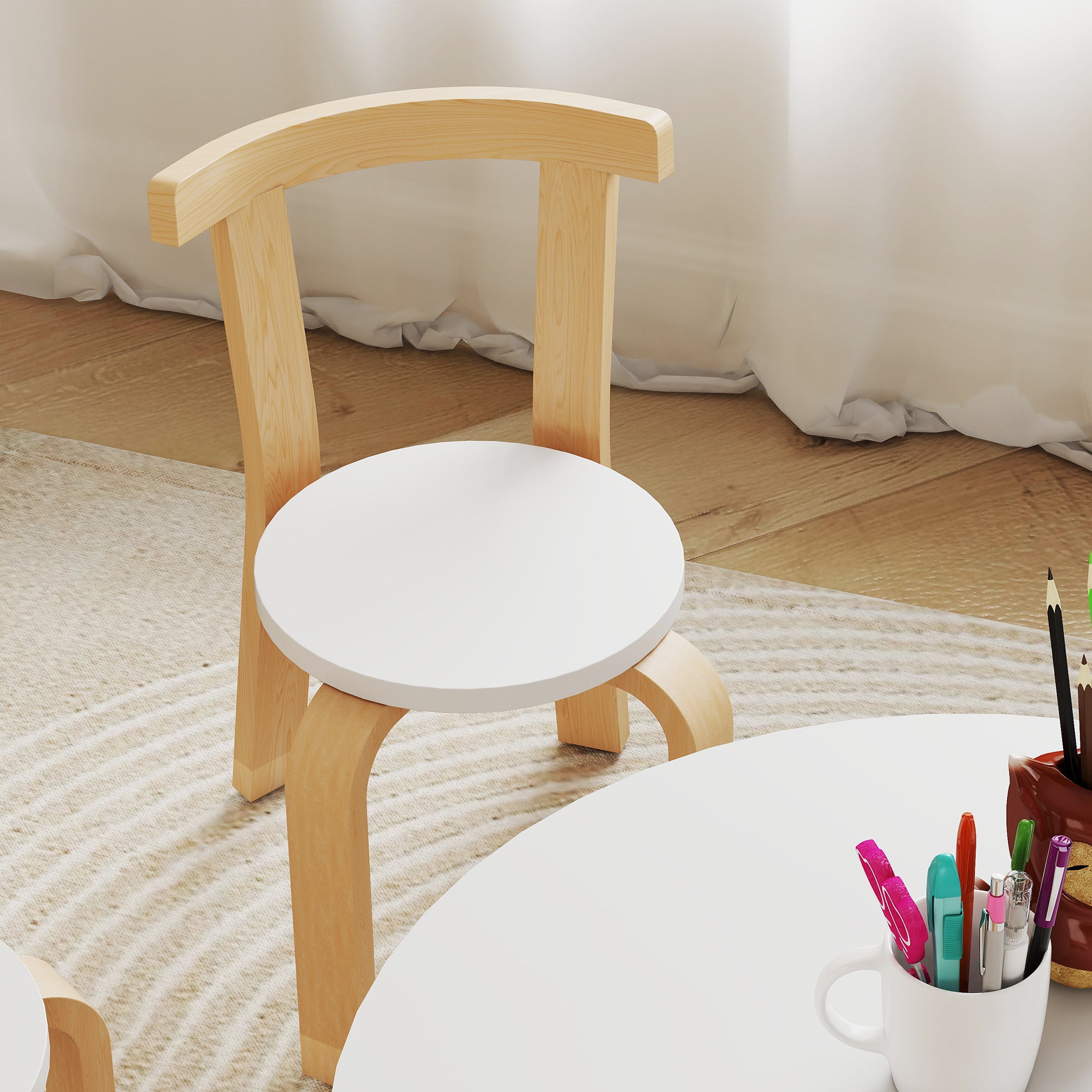 5-Piece Wooden Table and Chair Set for Children Ages 3-8 with Rounded Edges in White