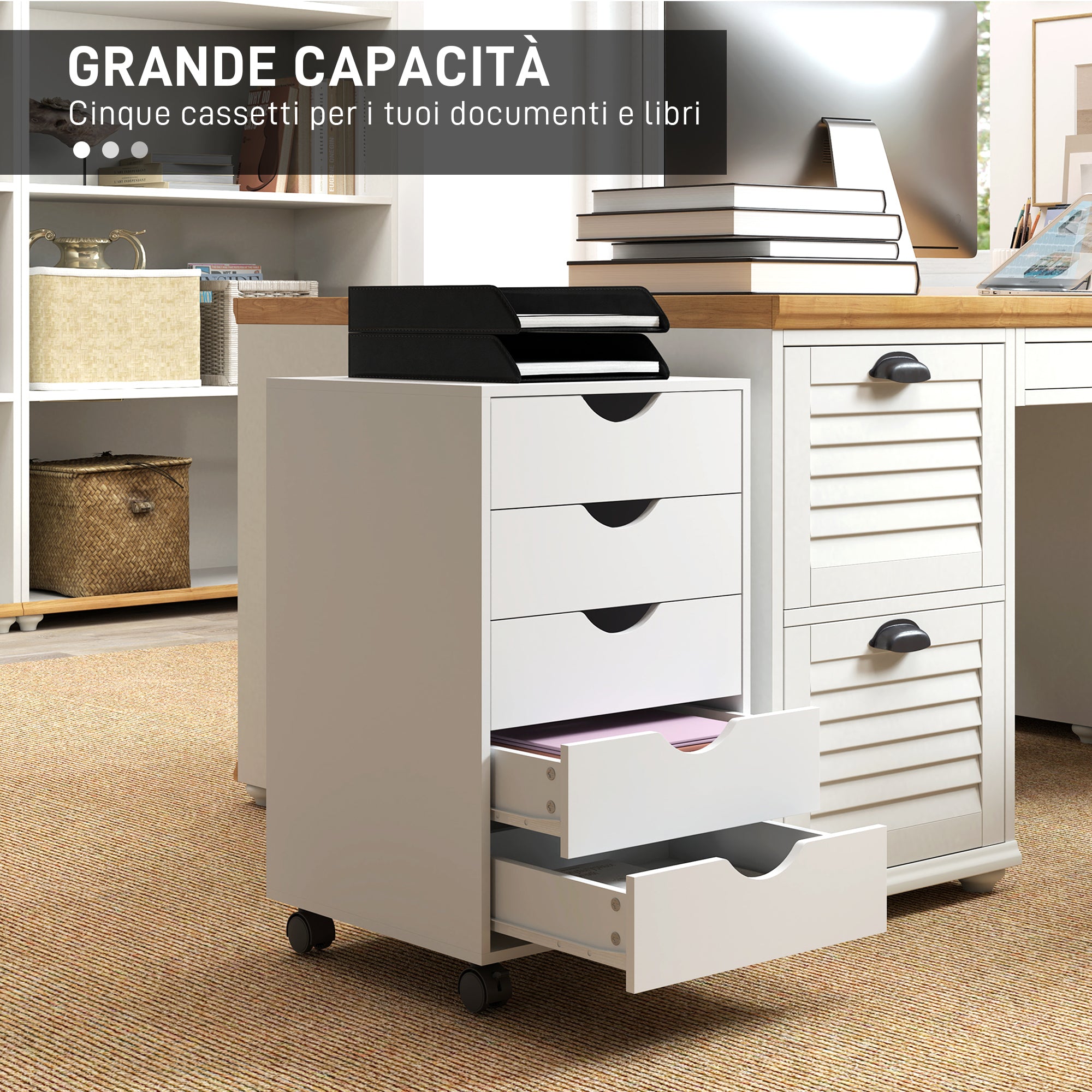 5-Drawer Office Chest with Swivel Casters with Brakes, 40x40x67 cm, White