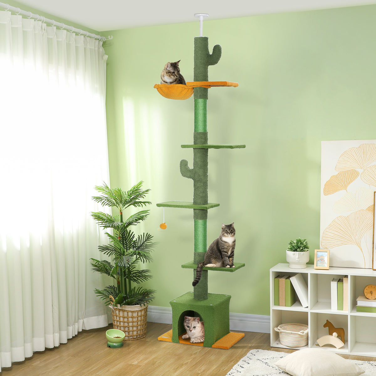 PawHut Cat Tree, 5 kg, 230-275 cm Ceiling Height, with Hammock, House, Platforms, Green