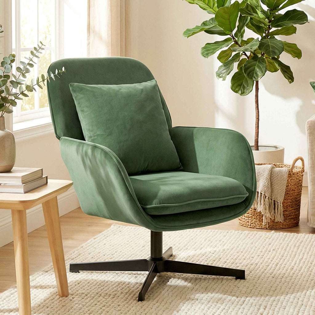 Swivel Lounge Chair with Lumbar Cushion and Velvet Fabric Upholstery, Green