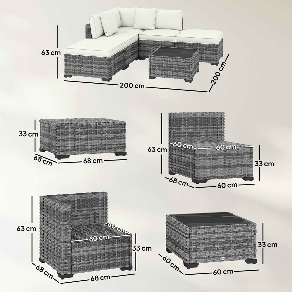 Outsunny 6-Piece Rattan and Steel Garden Furniture Set with Sofa, Coffee Table, and Cushions, Grey