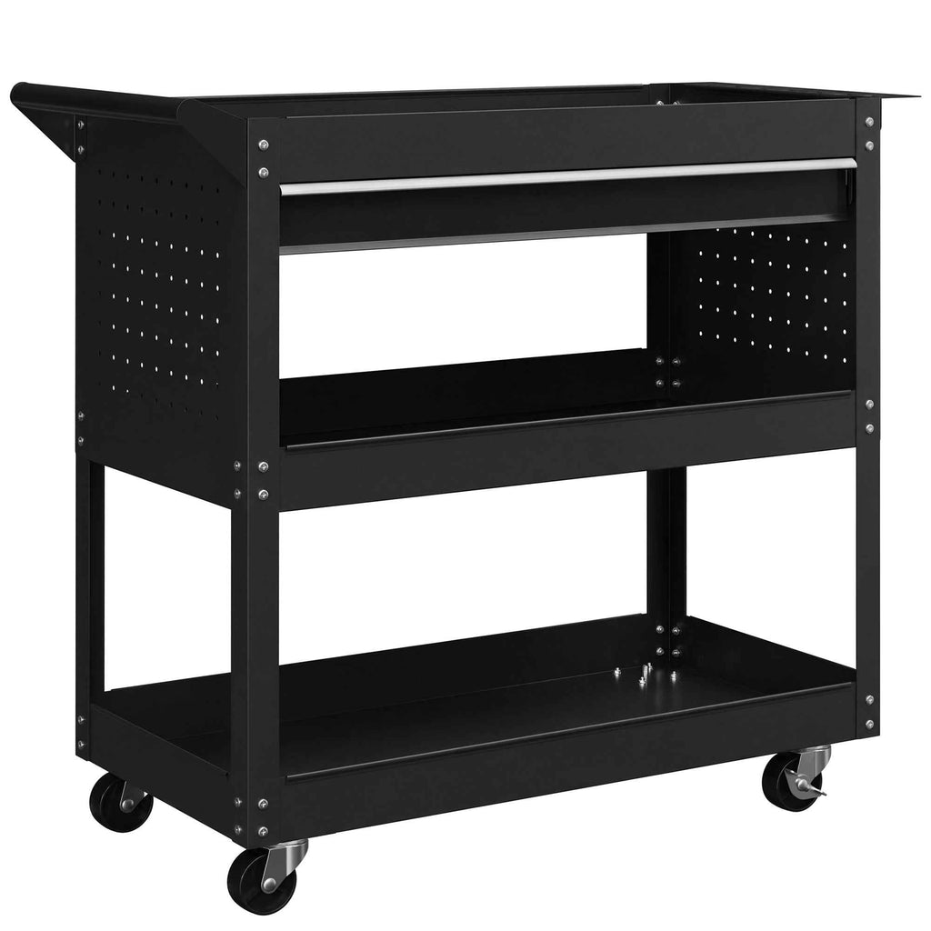 DURHAND 3-Tier Steel Trolley with Drawer, Side Tool Holder and Handle, Black