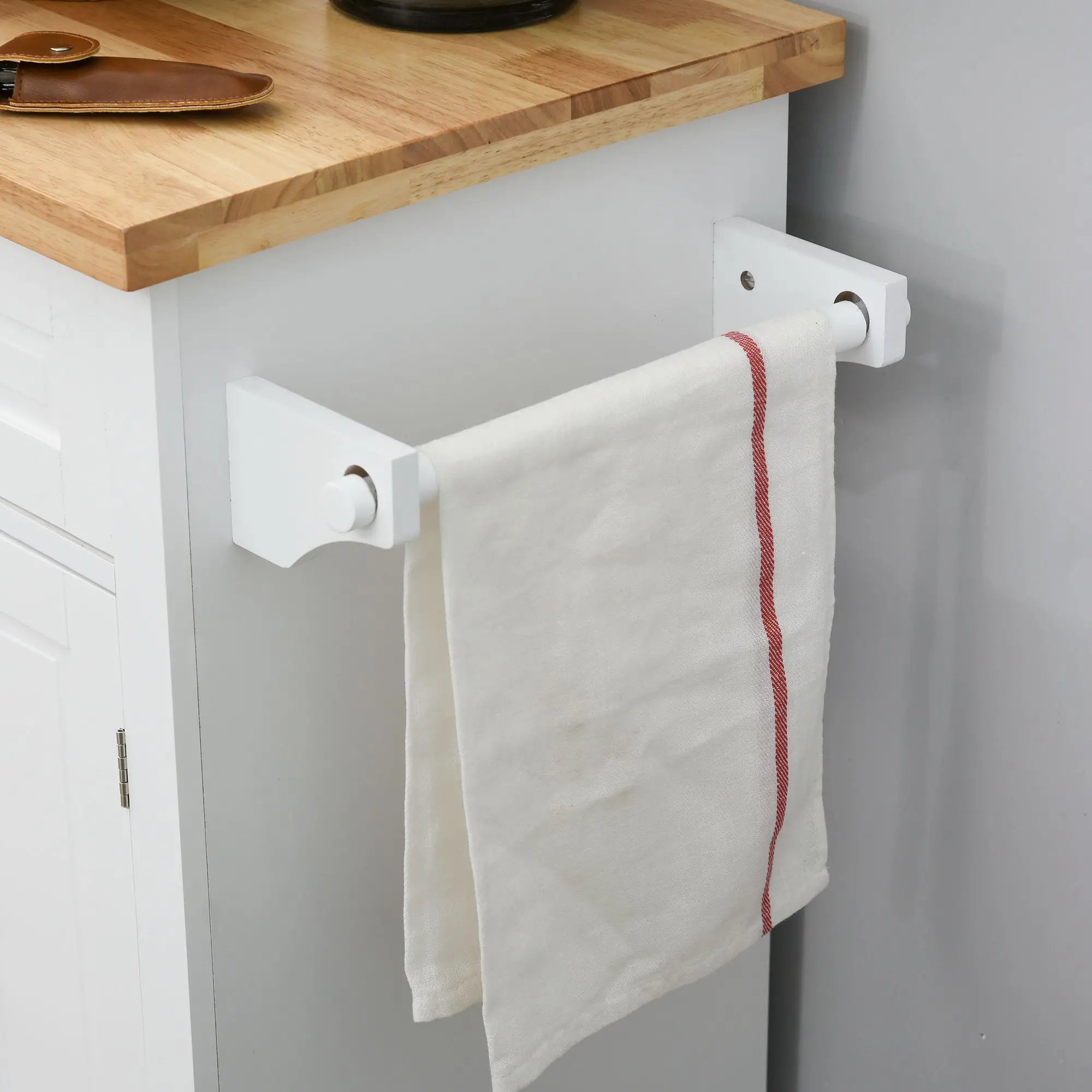 Kitchen Trolley with 2 Drawers and 2 Cabinets, Kitchen Island with Wooden Top, Spice Rack and Tea Towel Holder, White