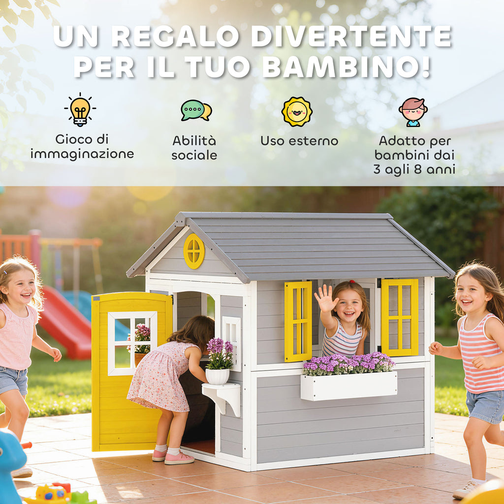 Outsunny Wooden Garden Playhouse for Children Ages 3-8 with Windows, Sloped Roof, Pots and Planters, Grey