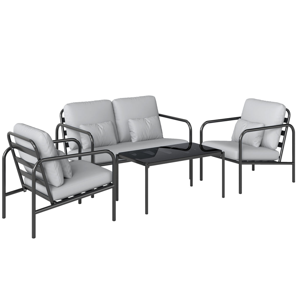 Outsunny 4-Piece Steel Garden Lounge Set with 2-Seater Sofa, 2 Armchairs and Coffee Table, Light Grey
